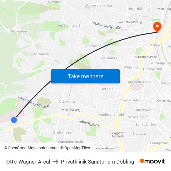 Otto-Wagner-Areal to Privatklinik Sanatorium Döbling map