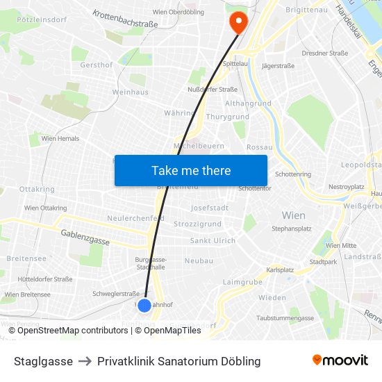 Staglgasse to Privatklinik Sanatorium Döbling map