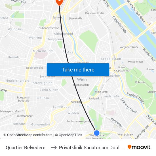 Quartier Belvedere S to Privatklinik Sanatorium Döbling map