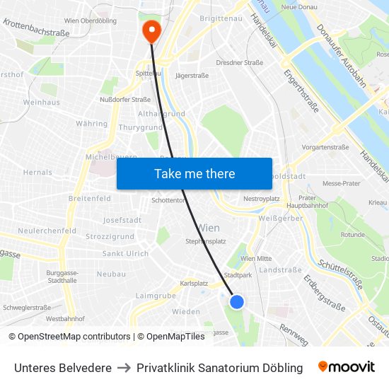 Unteres Belvedere to Privatklinik Sanatorium Döbling map