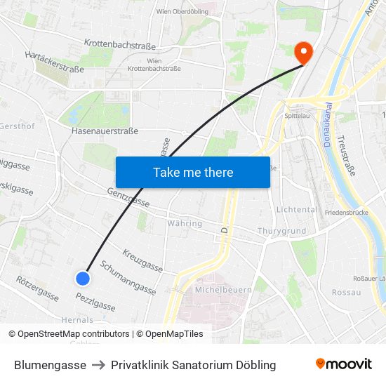 Blumengasse to Privatklinik Sanatorium Döbling map