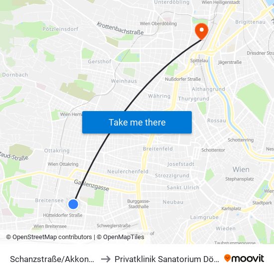 Schanzstraße/Akkonplatz to Privatklinik Sanatorium Döbling map