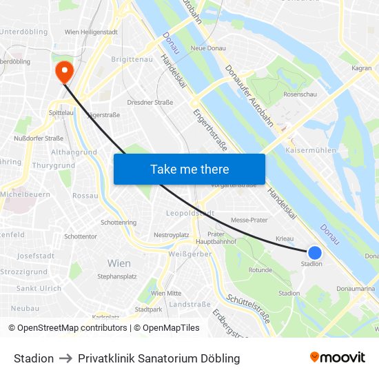 Stadion to Privatklinik Sanatorium Döbling map