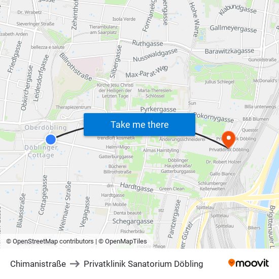 Chimanistraße to Privatklinik Sanatorium Döbling map