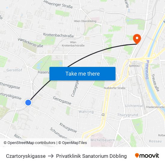 Czartoryskigasse to Privatklinik Sanatorium Döbling map