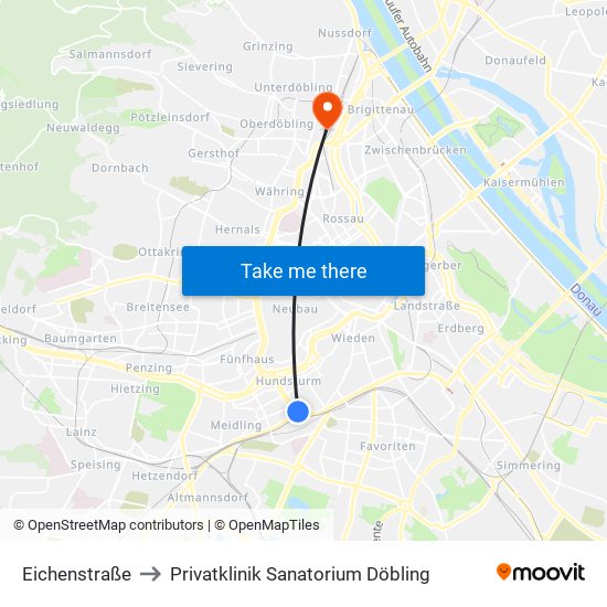 Eichenstraße to Privatklinik Sanatorium Döbling map