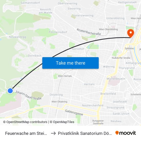 Feuerwache am Steinhof to Privatklinik Sanatorium Döbling map