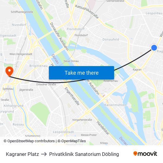 Kagraner Platz to Privatklinik Sanatorium Döbling map