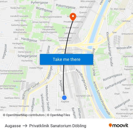 Augasse to Privatklinik Sanatorium Döbling map