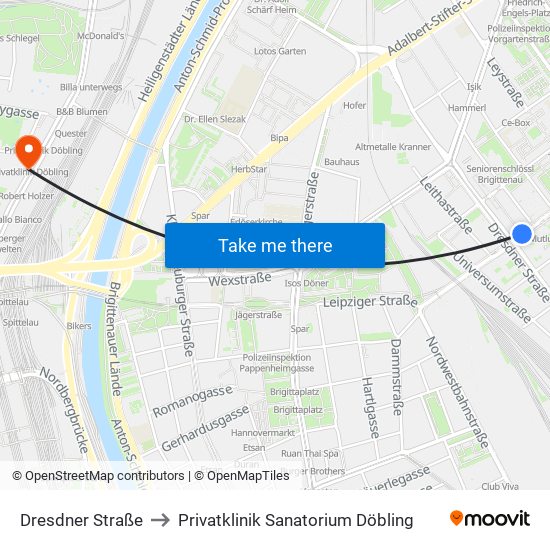 Dresdner Straße to Privatklinik Sanatorium Döbling map