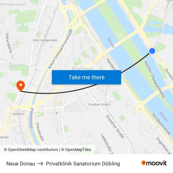 Neue Donau to Privatklinik Sanatorium Döbling map