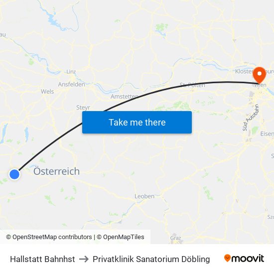 Hallstatt Bahnhst to Privatklinik Sanatorium Döbling map