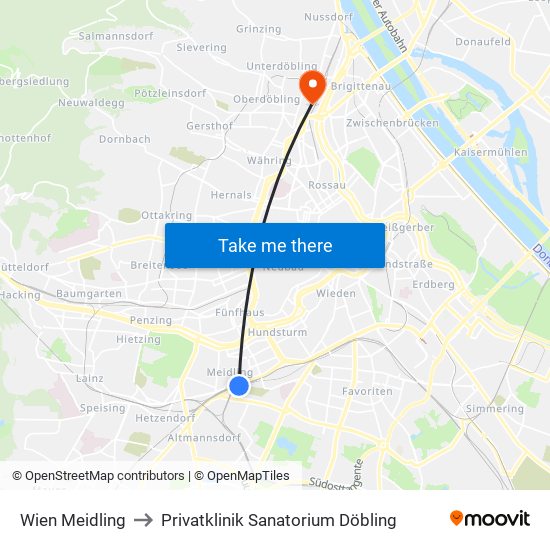 Wien Meidling to Privatklinik Sanatorium Döbling map