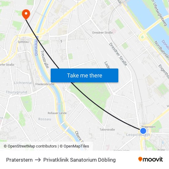 Praterstern to Privatklinik Sanatorium Döbling map