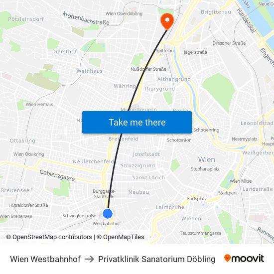 Wien Westbahnhof to Privatklinik Sanatorium Döbling map