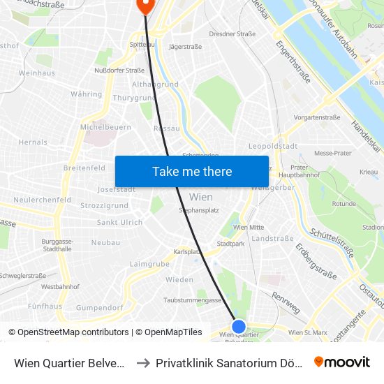 Wien Quartier Belvedere to Privatklinik Sanatorium Döbling map