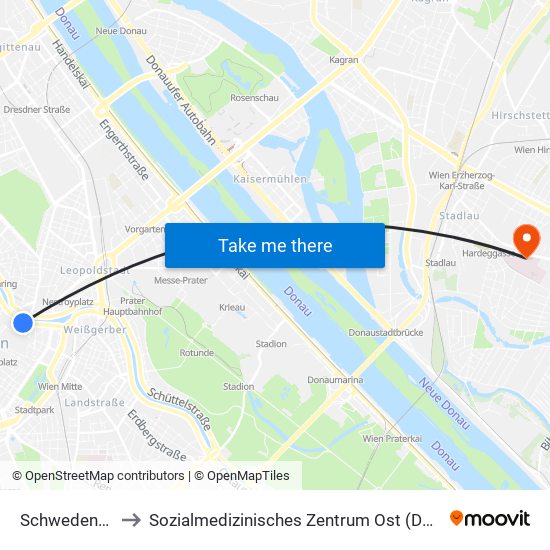 Schwedenplatz to Sozialmedizinisches Zentrum Ost (Donauspital) map