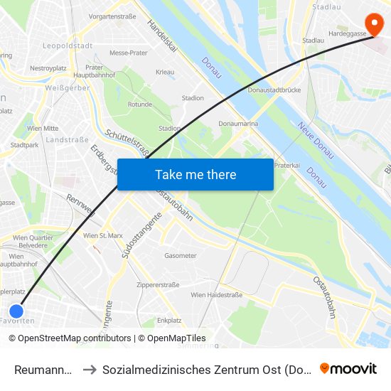 Reumannplatz to Sozialmedizinisches Zentrum Ost (Donauspital) map