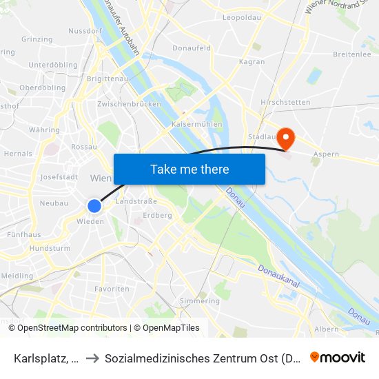 Karlsplatz, Wien to Sozialmedizinisches Zentrum Ost (Donauspital) map