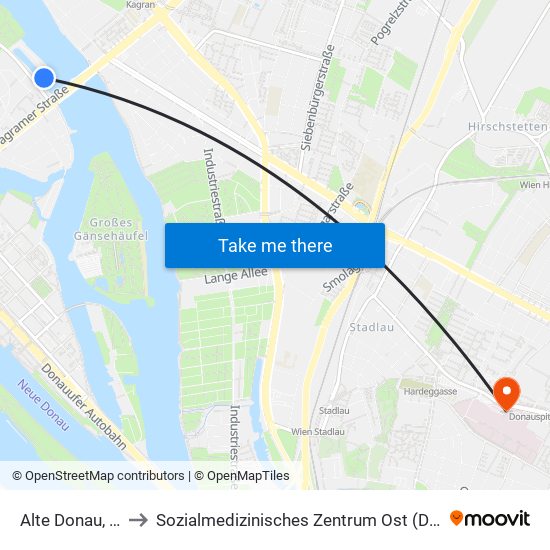 Alte Donau, Wien to Sozialmedizinisches Zentrum Ost (Donauspital) map