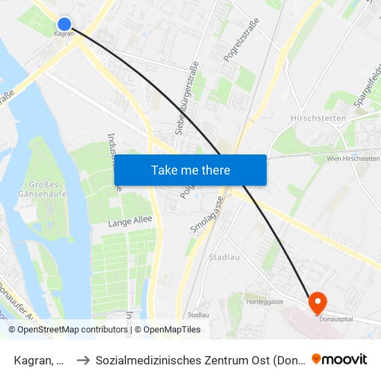 Kagran, Wien to Sozialmedizinisches Zentrum Ost (Donauspital) map