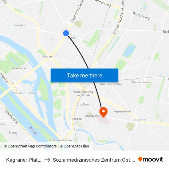 Kagraner Platz, Wien to Sozialmedizinisches Zentrum Ost (Donauspital) map