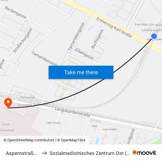 Aspernstraße, Wien to Sozialmedizinisches Zentrum Ost (Donauspital) map