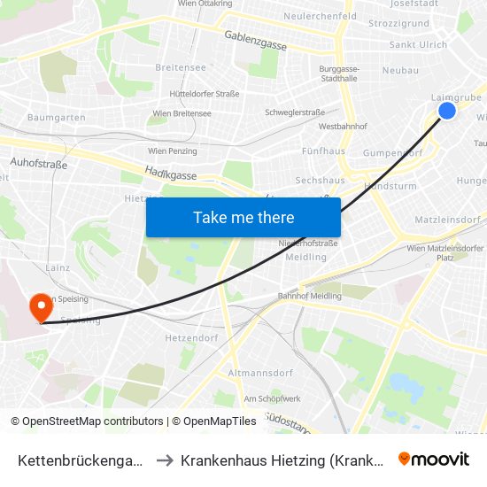 Kettenbrückengasse, Wien to Krankenhaus Hietzing (Krankenhaus Lainz) map