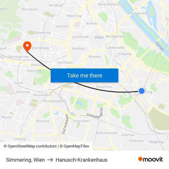 Simmering, Wien to Hanusch-Krankenhaus map