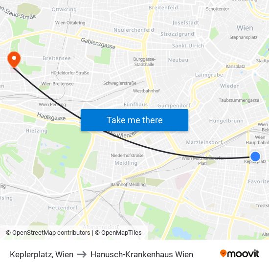 Keplerplatz, Wien to Hanusch-Krankenhaus Wien map