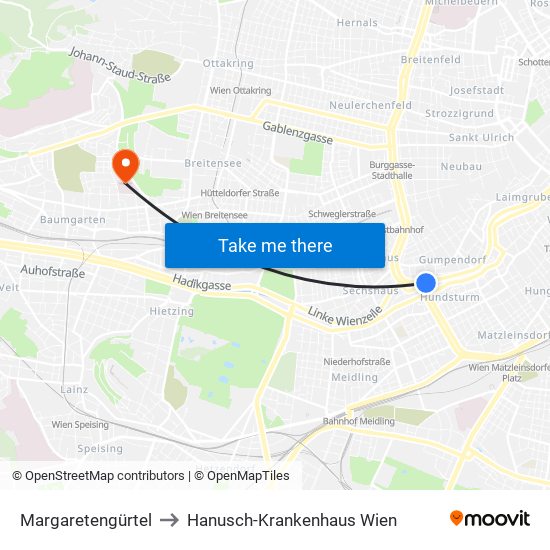 Margaretengürtel to Hanusch-Krankenhaus Wien map