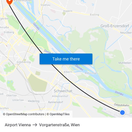 Airport Vienna to Vorgartenstraße, Wien map