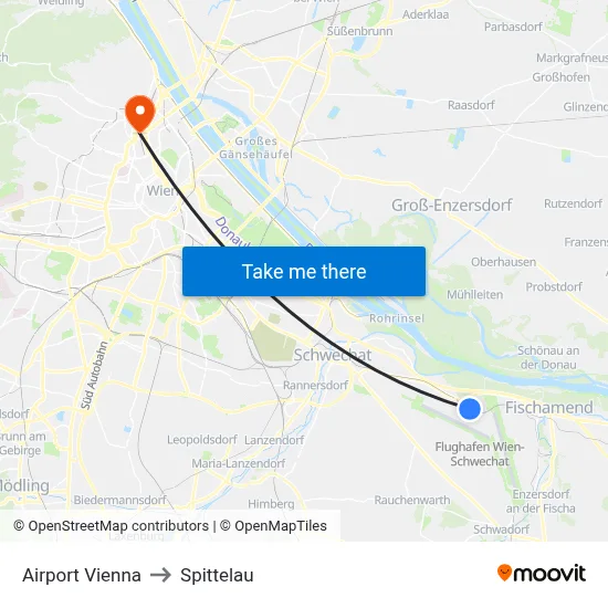 Airport Vienna to Spittelau map