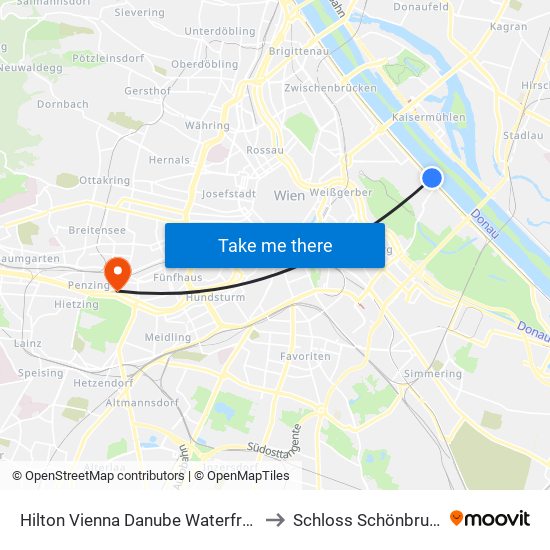 Hilton Vienna Danube Waterfront to Schloss Schönbrunn map