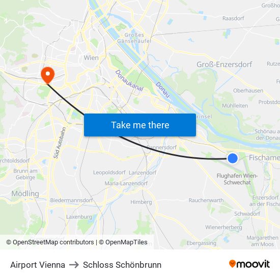Airport Vienna to Schloss Schönbrunn map