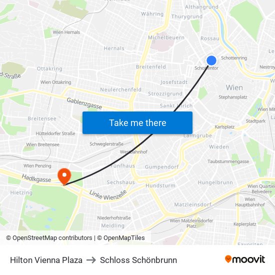 Hilton Vienna Plaza to Schloss Schönbrunn map