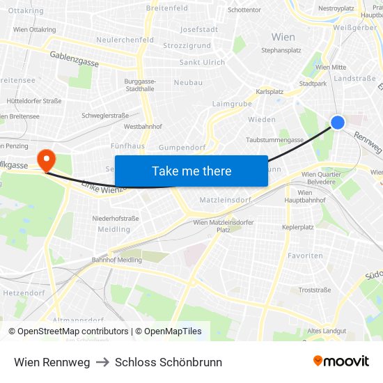 Wien Rennweg to Schloss Schönbrunn map