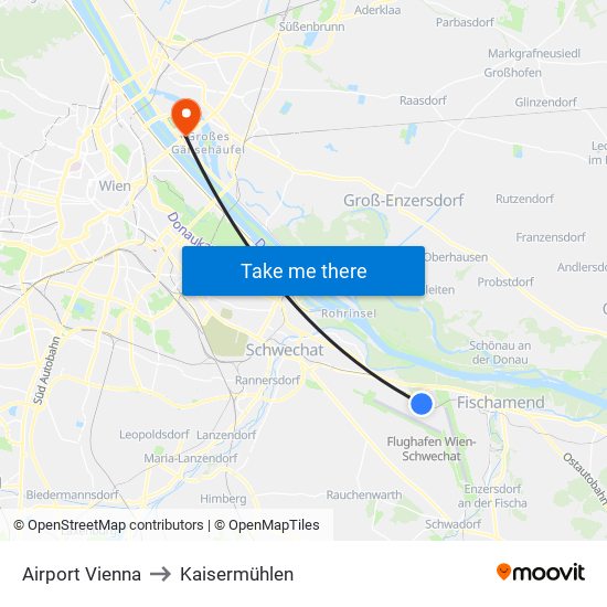 Airport Vienna to Kaisermühlen map