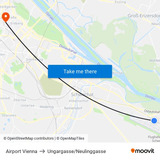 Airport Vienna to Ungargasse/Neulinggasse map