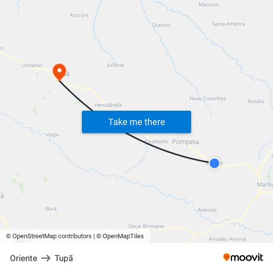 Oriente to Tupã map