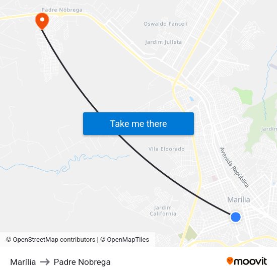 Marília to Padre Nobrega map