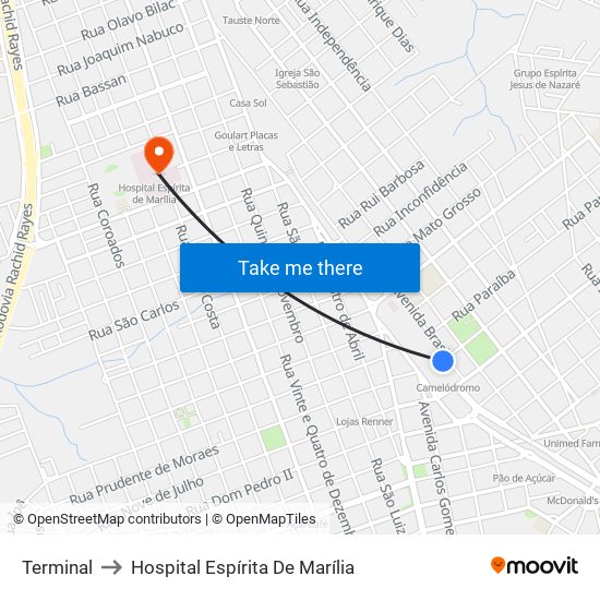 Terminal to Hospital Espírita De Marília map