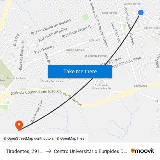 Tiradentes, 291-371 to Centro Universitário Eurípides De Marília map