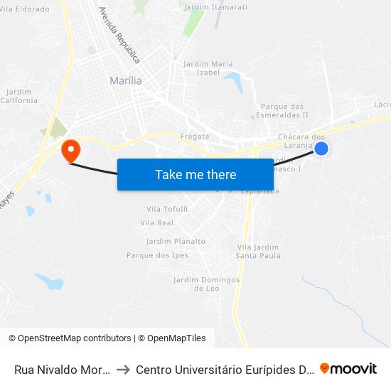 Rua Nivaldo Moris, 10 to Centro Universitário Eurípides De Marília map