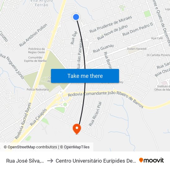 Rua José Silva, 448 to Centro Universitário Eurípides De Marília map