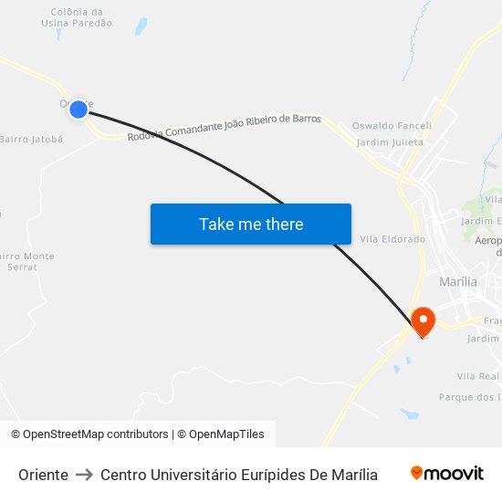 Oriente to Centro Universitário Eurípides De Marília map