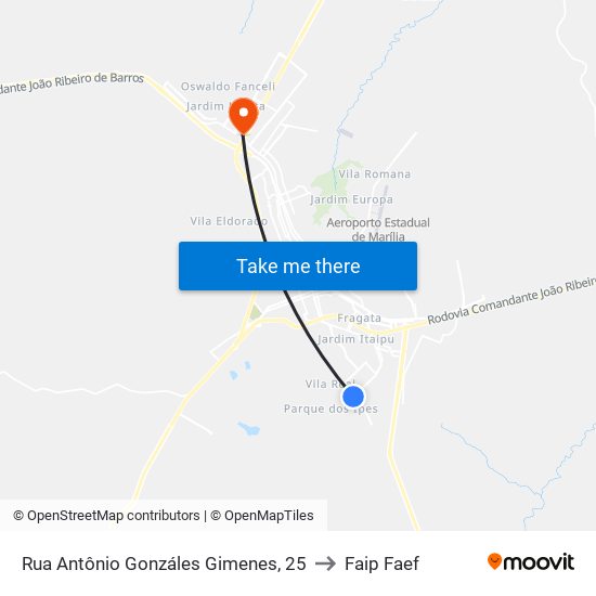 Rua Antônio Gonzáles Gimenes, 25 to Faip Faef map