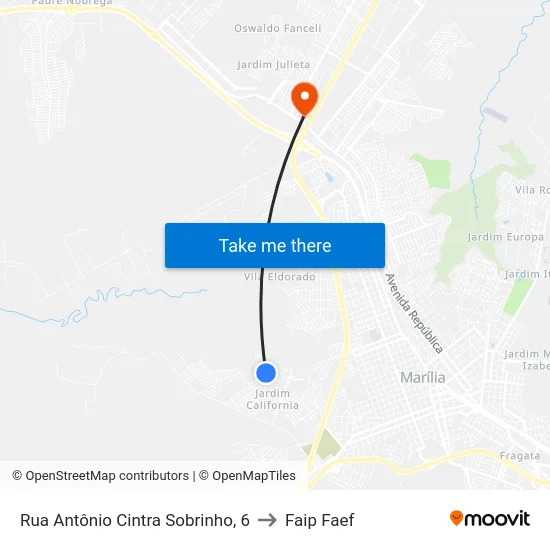 Rua Antônio Cintra Sobrinho, 6 to Faip Faef map