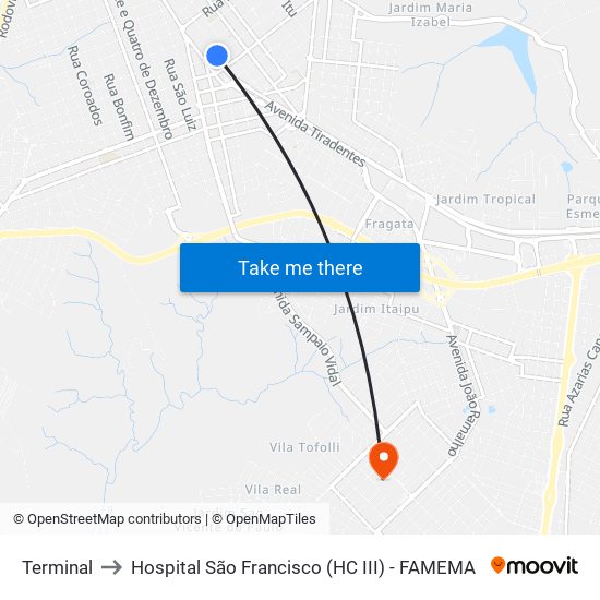 Terminal to Hospital São Francisco (HC III) - FAMEMA map