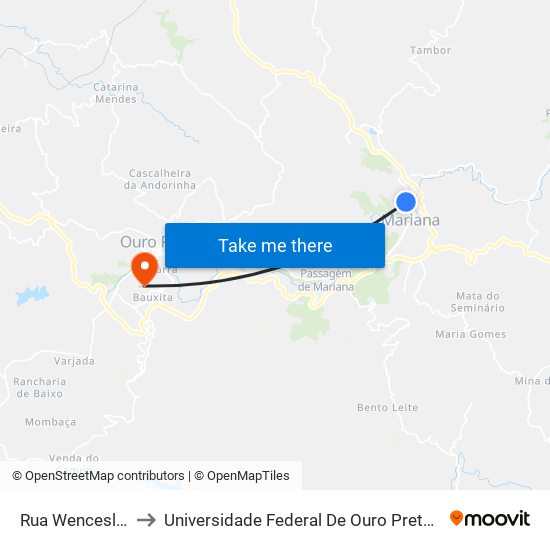 Rua Wenceslau Braz, 845 to Universidade Federal De Ouro Preto - Campus Morro Do Cuzeiro map